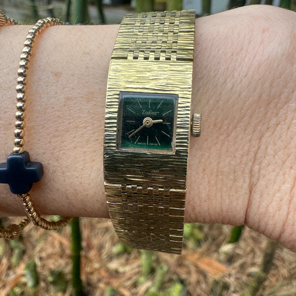 Rare Zodiac Textured Intergraded Gold Bracelet Watch With Green Lacquer Dial